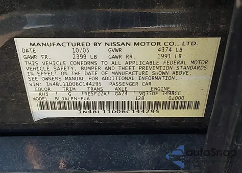 2006 Nissan Altima 3.5 Se-R from USA, damaged, VIN 1N4BL11D06C144295